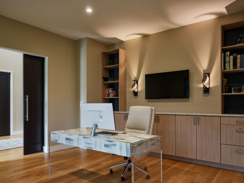 modern office, built-in shelves, custom cabinets