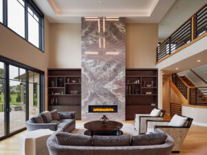 high ceiling, two-story fireplace, family room