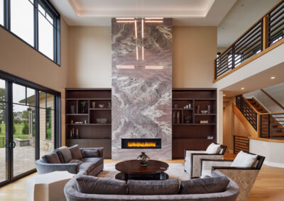 high ceiling, two-story fireplace, family room