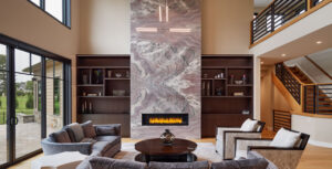 high ceiling, two-story fireplace, family room