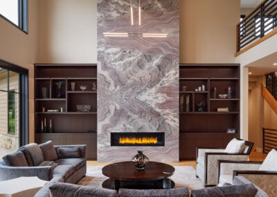 high ceiling, two-story fireplace, family room