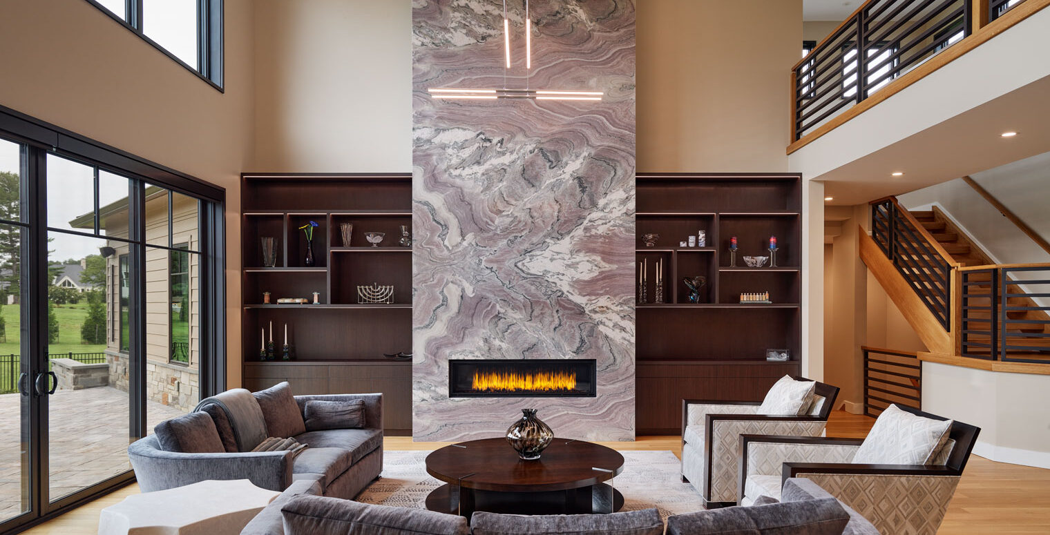 high ceiling, two-story fireplace, family room