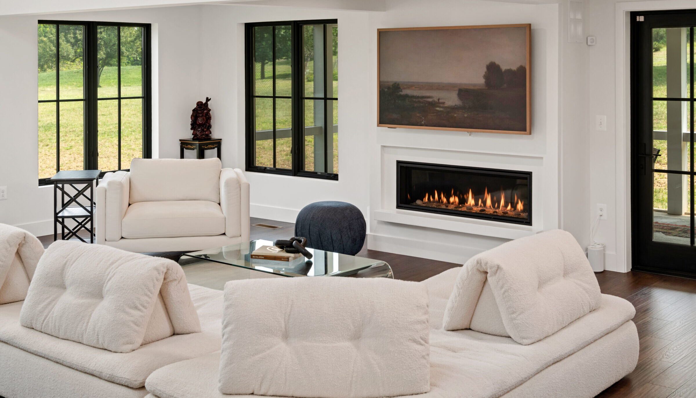 high ceiling, two-story fireplace, family room