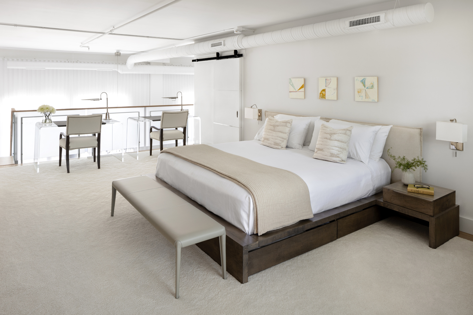 loft bedroom in city hi rise, monochromatic theme