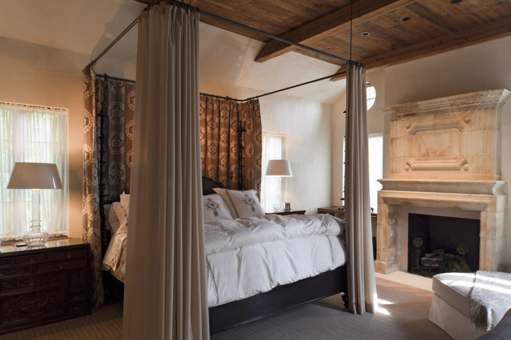 calm, restful, bedroom with fireplace

